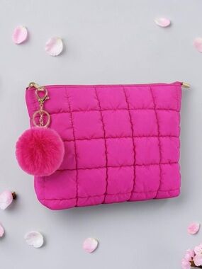 Quilted puffer makeup bag pouch with furry keychain charm travel, toiletry